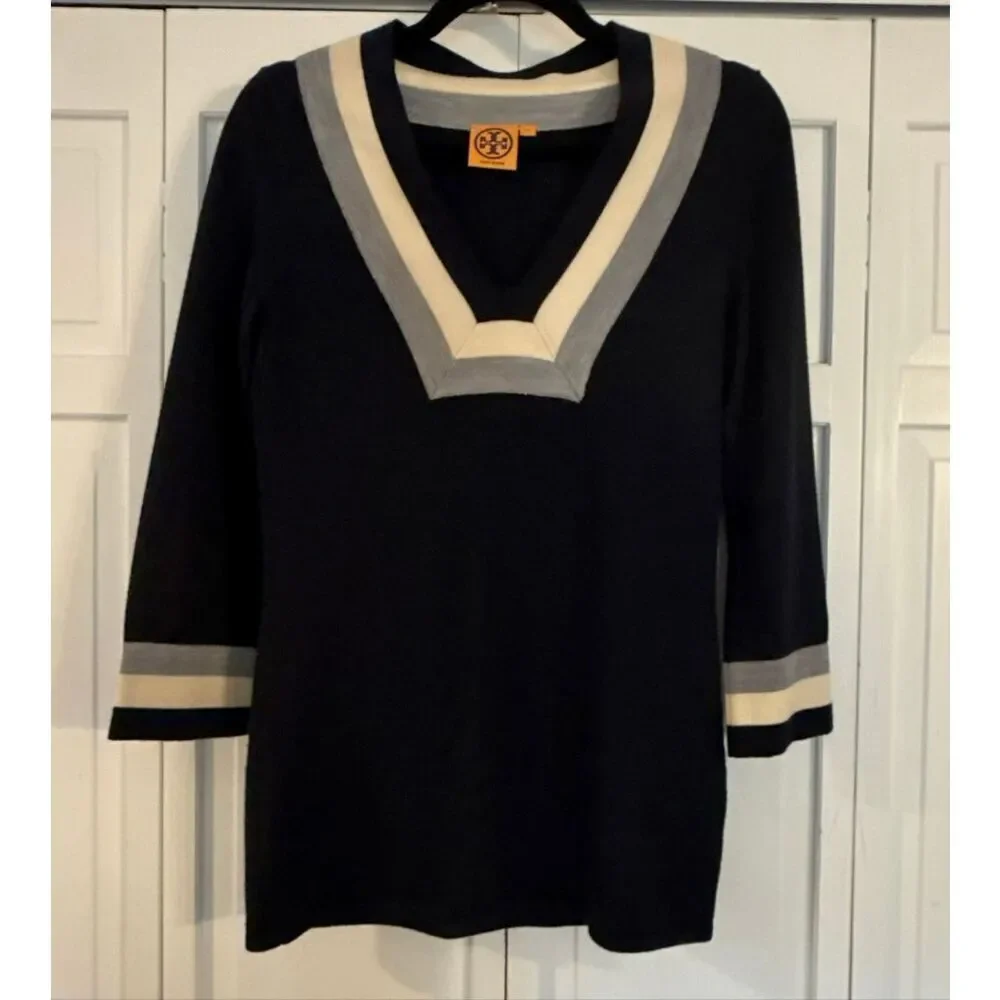 Tory Borch Cicada Merino Wool trim neck tunic sweater xsmall